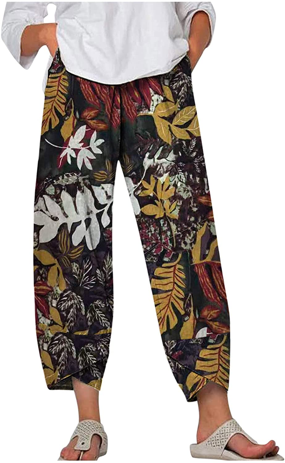 Burband Womens Floral Print Boho Yoga Pants Elephant Linen Harem Pants Wide Leg Work Trousers Palazzo Lounge Hippie Clothes Apparel & Accessories > Clothing > Underwear & Socks > Shapewear Burband Khaki Small 