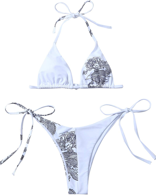 SOLY HUX Women's Halter Triangle Tie Side Bikini 2 Piece Swimsuits Apparel & Accessories > Clothing > Swimwear SOLY HUX White Dragon Small 