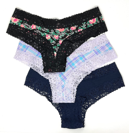 Victoria'S Secret Lace Cheeky Panty Set of 3 Apparel & Accessories > Clothing > Underwear & Socks > Underwear Victoria's Secret Black Logo Floral / Purple Plaid / Navy Large 