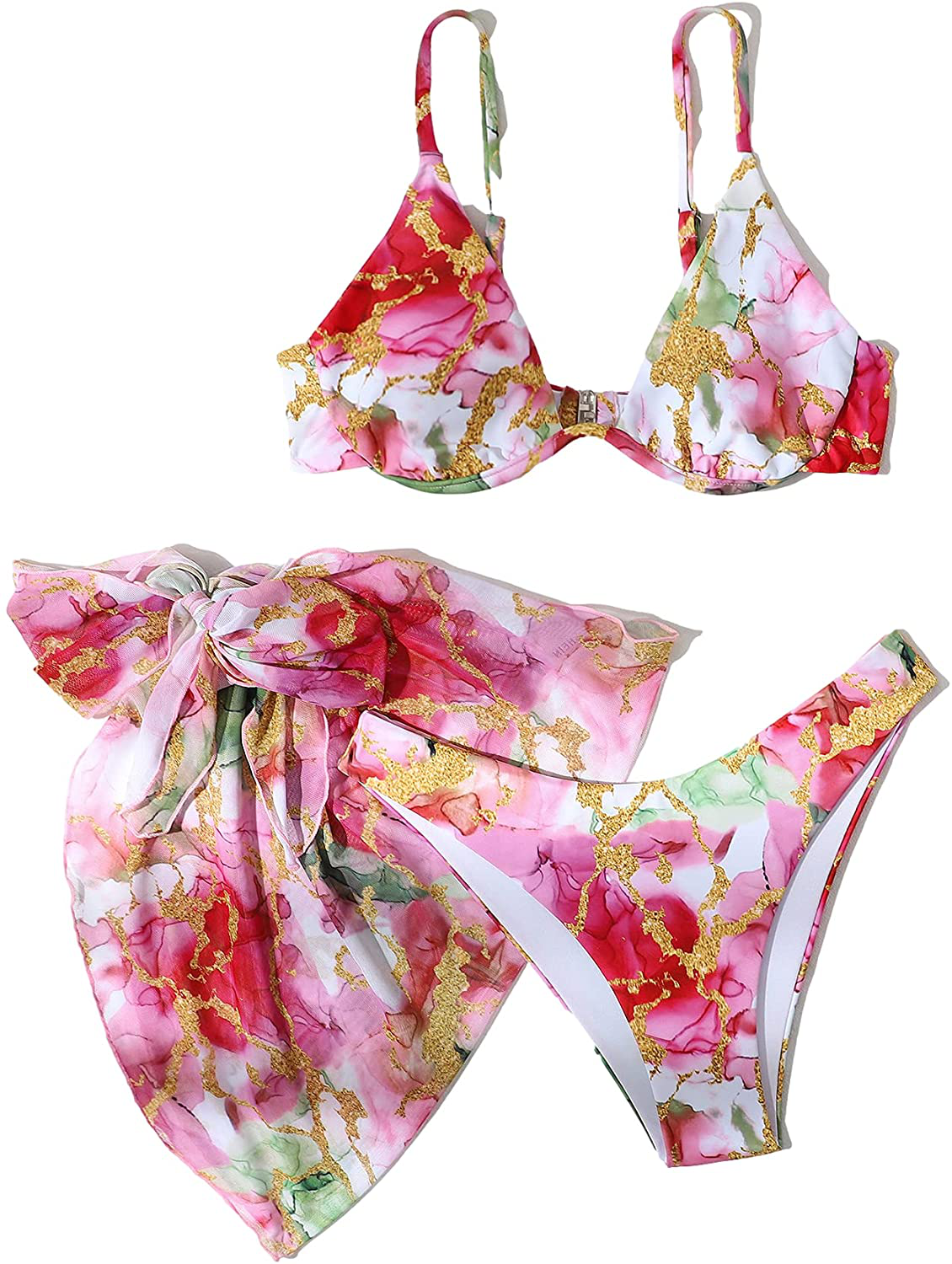 SheIn Women's 3 Piece Tie Dye Underwire Bikini Set Swimsuit and Cover Up Beach Skirt Apparel & Accessories > Clothing > Swimwear SheIn   