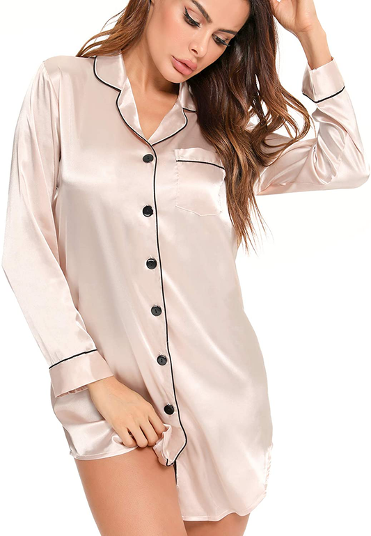 SWOMOG Women'S Satin Sleep Shirt Long Sleeve Sleepwear Silk Nightshirt Button down Pajama Top Apparel & Accessories > Clothing > Sleepwear & Loungewear > Nightgowns Kylie Max   