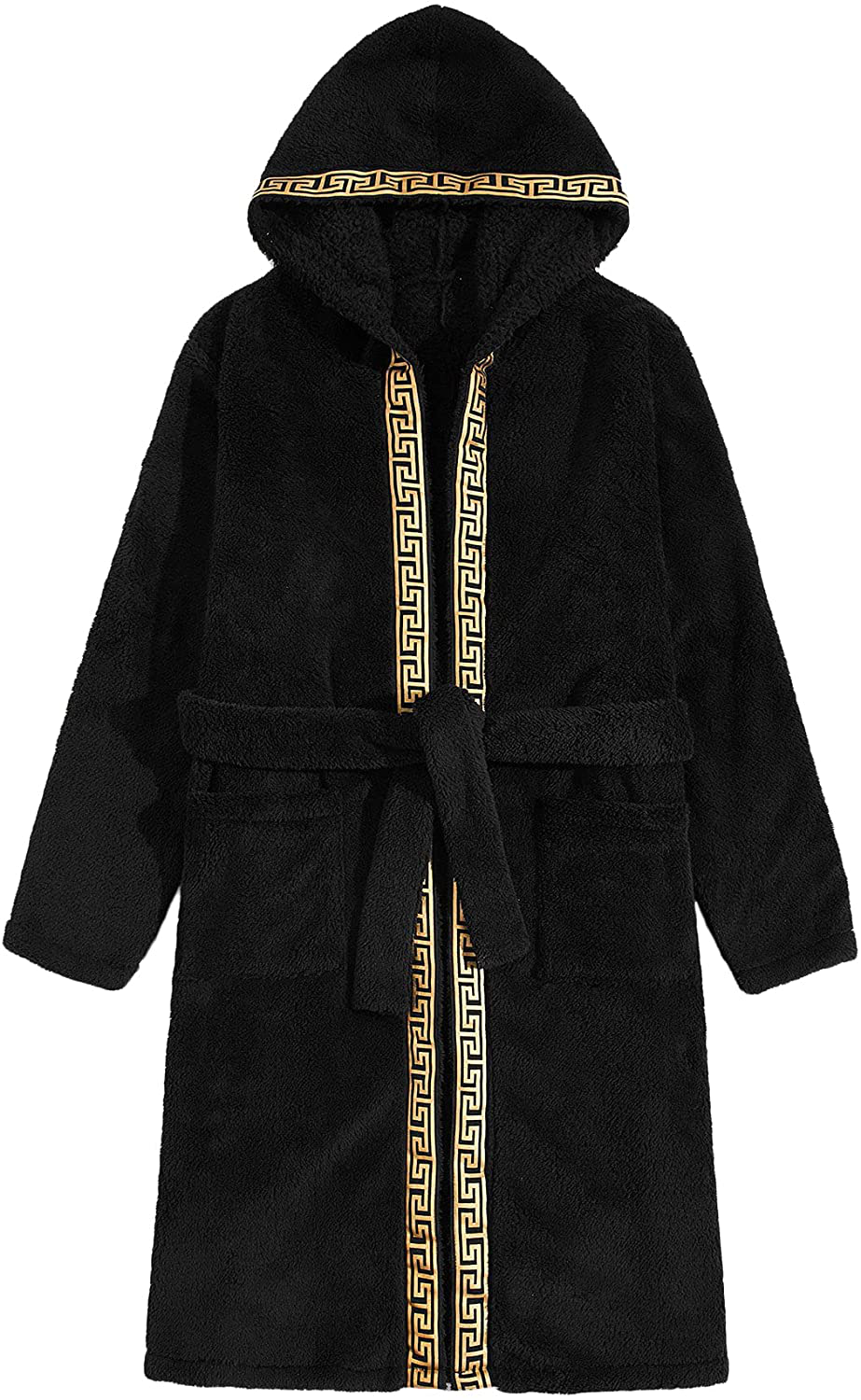 Romwe Men'S Hooded Fleece Robe Greek Tape Panel Belted Bathrobe Spa Sleepwear Apparel & Accessories > Clothing > Sleepwear & Loungewear > Robes Kylie Max   
