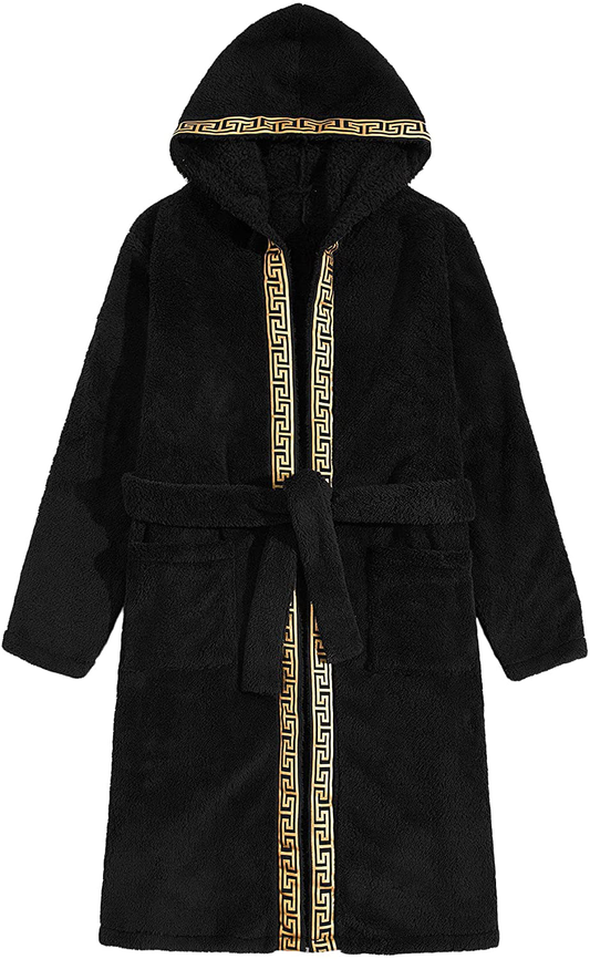 Romwe Men'S Hooded Fleece Robe Greek Tape Panel Belted Bathrobe Spa Sleepwear Apparel & Accessories > Clothing > Sleepwear & Loungewear > Robes Kylie Max   