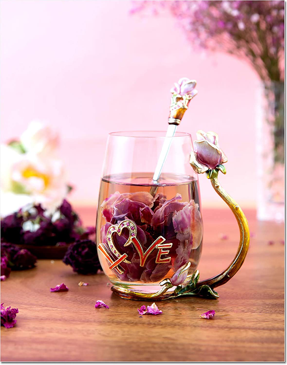 Luka Tech Enamels flower Lead-free Glass Coffee Mugs Tea Cup with Steel Spoon, Best Birthday Gifts For Women Wife Mom Friends Mothers Valentines Day Christmas Arts & Entertainment > Party & Celebration > Gift Giving Luka Tech   