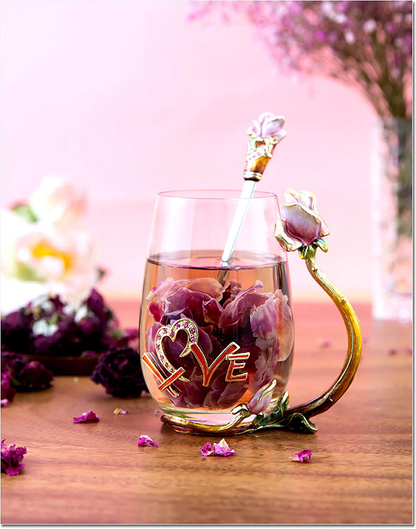 Luka Tech Enamels flower Lead-free Glass Coffee Mugs Tea Cup with Steel Spoon, Best Birthday Gifts For Women Wife Mom Friends Mothers Valentines Day Christmas Arts & Entertainment > Party & Celebration > Gift Giving Luka Tech   
