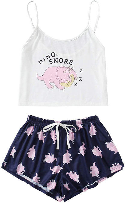 Shein Women'S Cute Cartoon Print Cami Top and Shorts Pajama Set Apparel & Accessories > Clothing > Sleepwear & Loungewear Kylie Max   