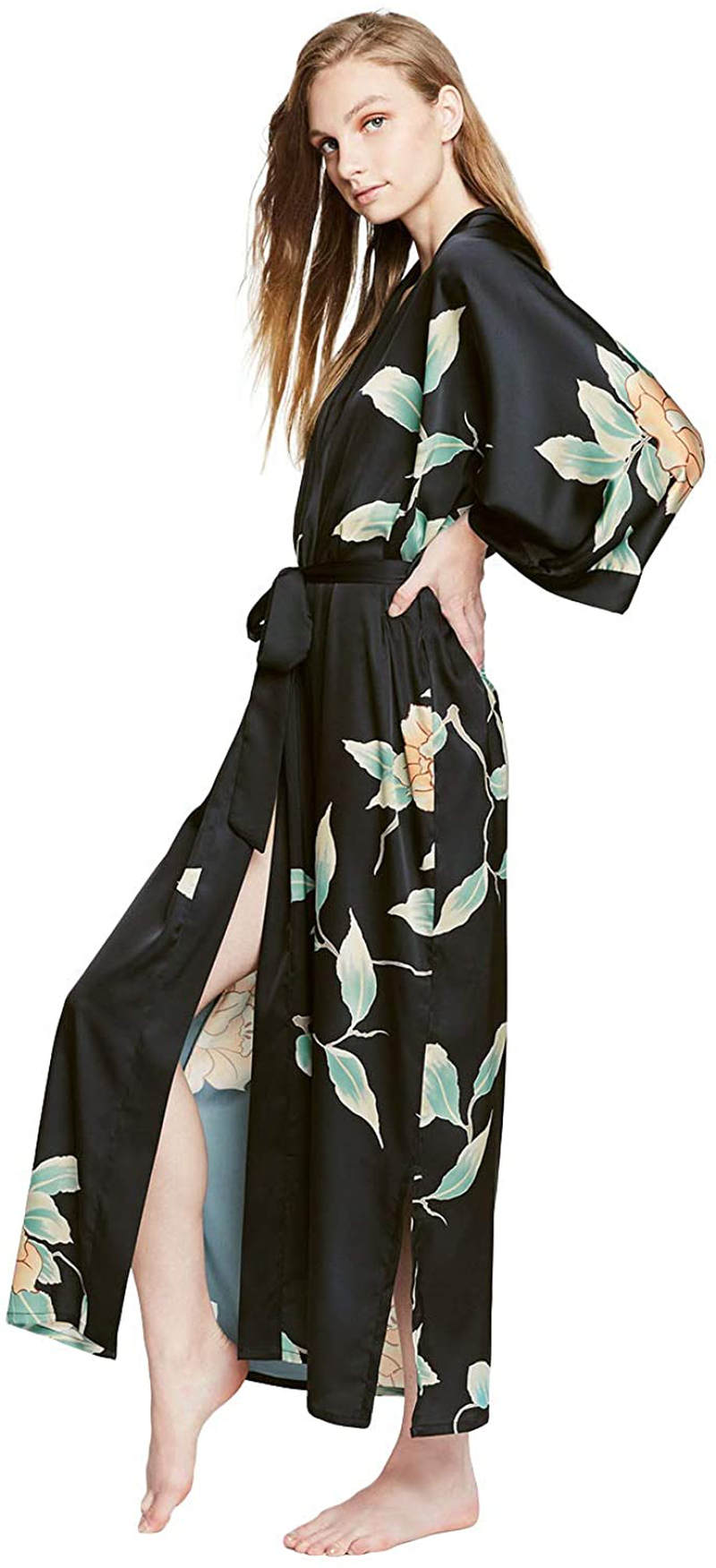 KIM+ONO Women'S Charmeuse Kimono Robe Long - Watercolor Floral Apparel & Accessories > Clothing > Sleepwear & Loungewear > Robes KIM+ONO Aimi - Black  