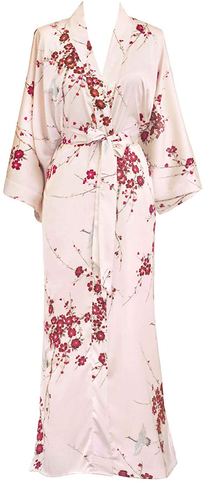 KIM+ONO Women'S Charmeuse Kimono Robe Long - Watercolor Floral Apparel & Accessories > Clothing > Sleepwear & Loungewear > Robes KIM+ONO Cherry Blossom & Crane - Rose Quartz  