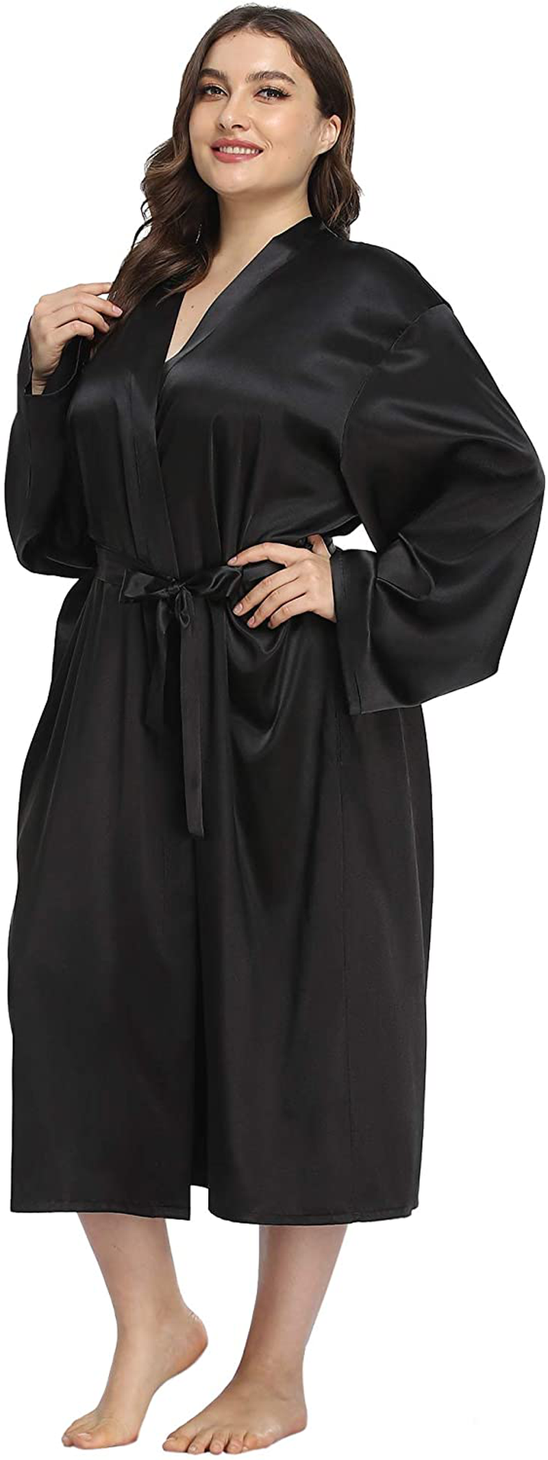 Ifigure Women'S plus Size Satin Robe Long Bathrobes Dressing Gown Soft Sleepwear Apparel & Accessories > Clothing > Sleepwear & Loungewear > Robes iFigure Black 3X 