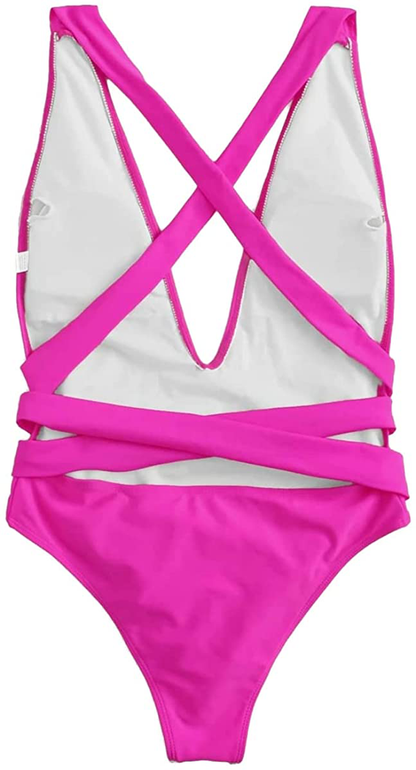 Lilosy Sexy Self Tie Criss Cross Plunge Backless High Cut Thong One Piece Swimsuit for Women Padded Bathing Suit Bikini Apparel & Accessories > Clothing > Swimwear Kylie Max   