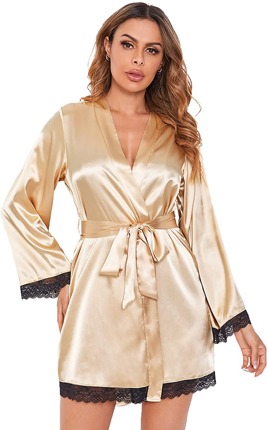 Verdusa Women'S Cheetah Print Contrast Lace Long Sleeve Belted Satin Night Robe Apparel & Accessories > Clothing > Sleepwear & Loungewear > Robes Verdusa Champagne Large 