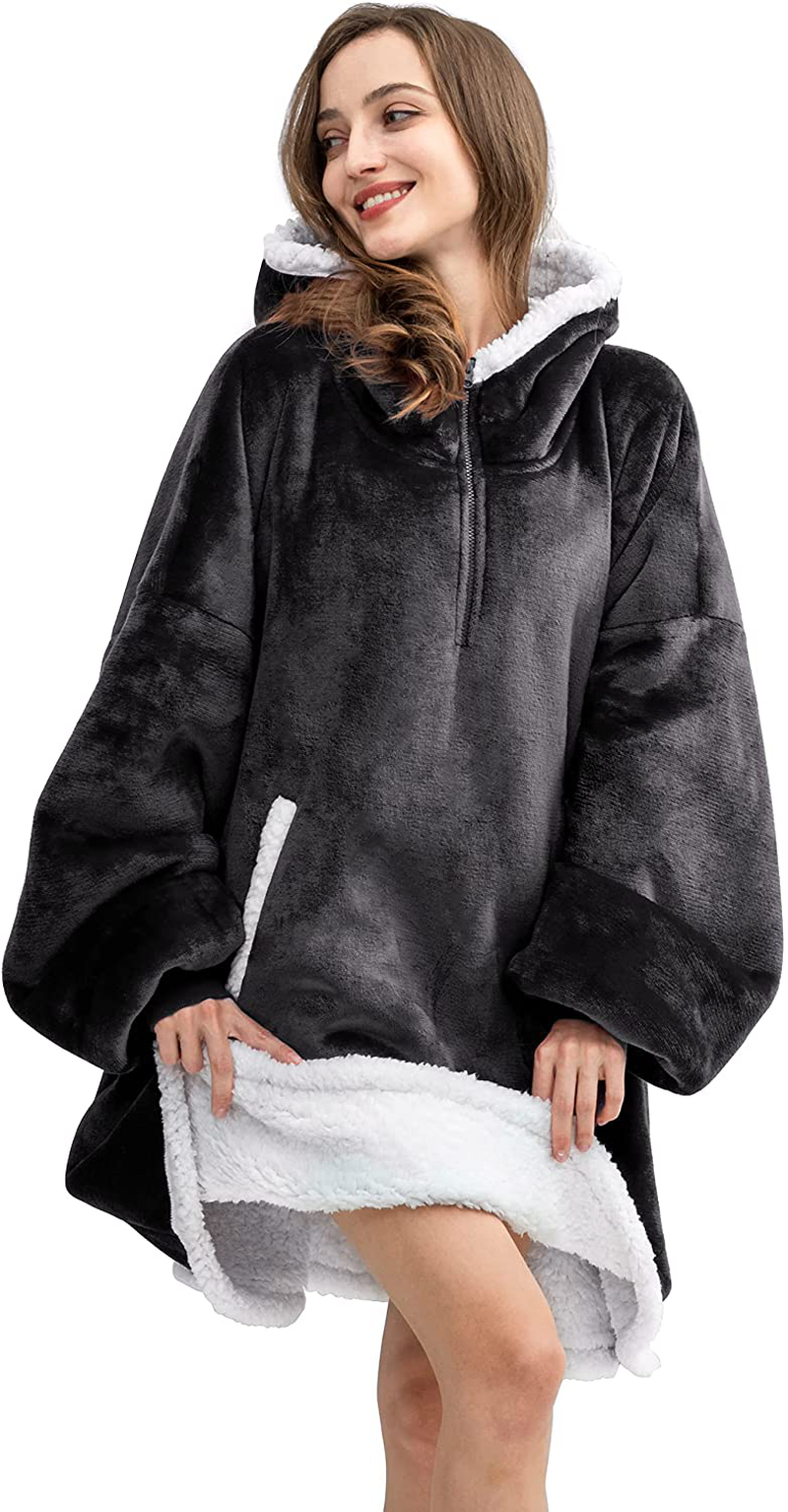 HBlife Oversized Long Wearable Blanket Hoodie for Adult, Thick Sherpa Sweatshirt with Elastic Sleeves and Giant Pockets Super Warm and Cozy Fuzzy Plush Fleece Blanket Jacket, Blue Arts & Entertainment > Party & Celebration > Gift Giving HBlife Dark Grey Adult-Short 
