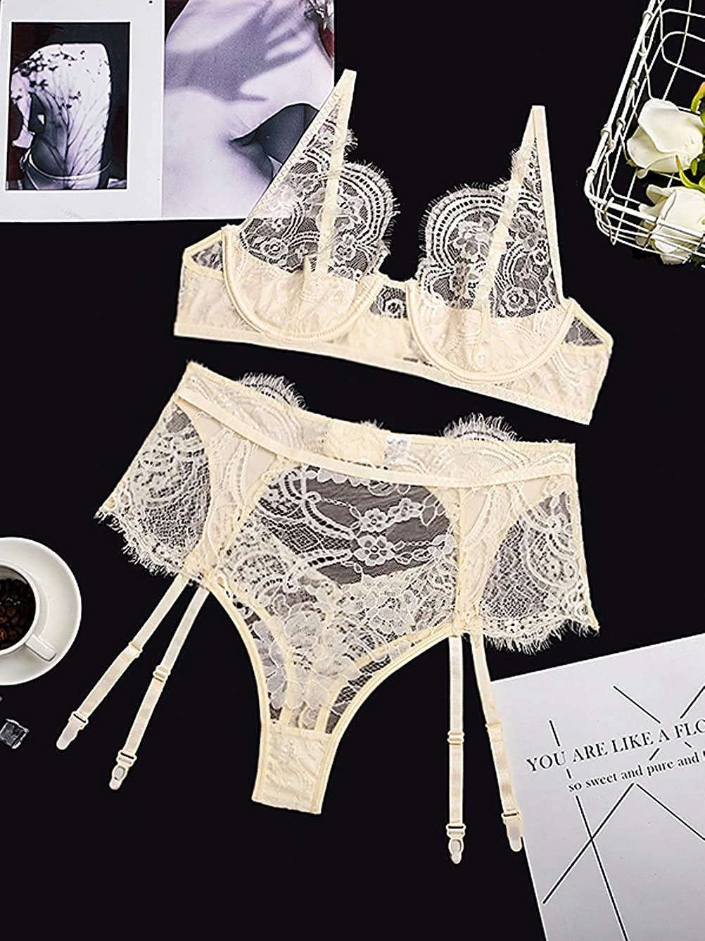 Kaei&Shi Floral Lace Sheer,Underwire Demi Bra,Two Piece,Garter Lingerie Set Apparel & Accessories > Clothing > Underwear & Socks > Lingerie Kaei&Shi   