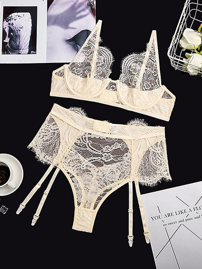 Kaei&Shi Floral Lace Sheer,Underwire Demi Bra,Two Piece,Garter Lingerie Set Apparel & Accessories > Clothing > Underwear & Socks > Lingerie Kaei&Shi   