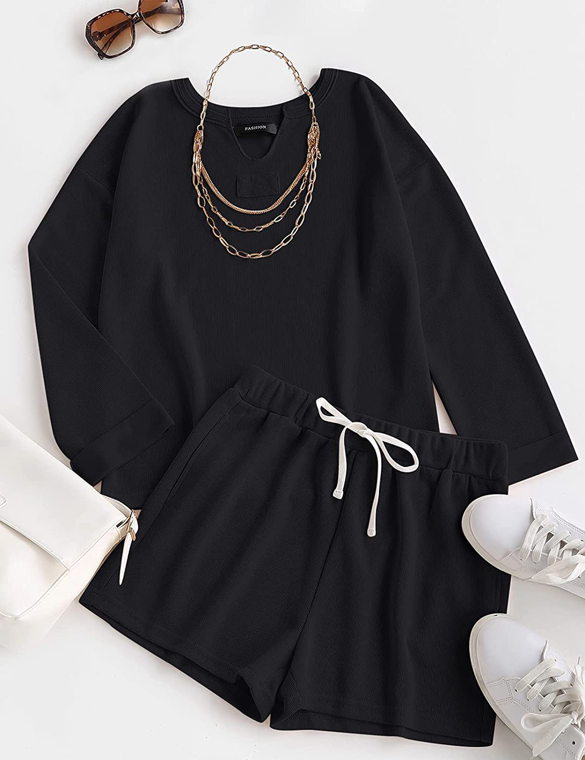 MEROKEETY Women's Long Sleeve Pajama Set Henley Knit Tops and Shorts Sleepwear Loungewear Apparel & Accessories > Clothing > Sleepwear & Loungewear > Pajamas MEROKEETY   