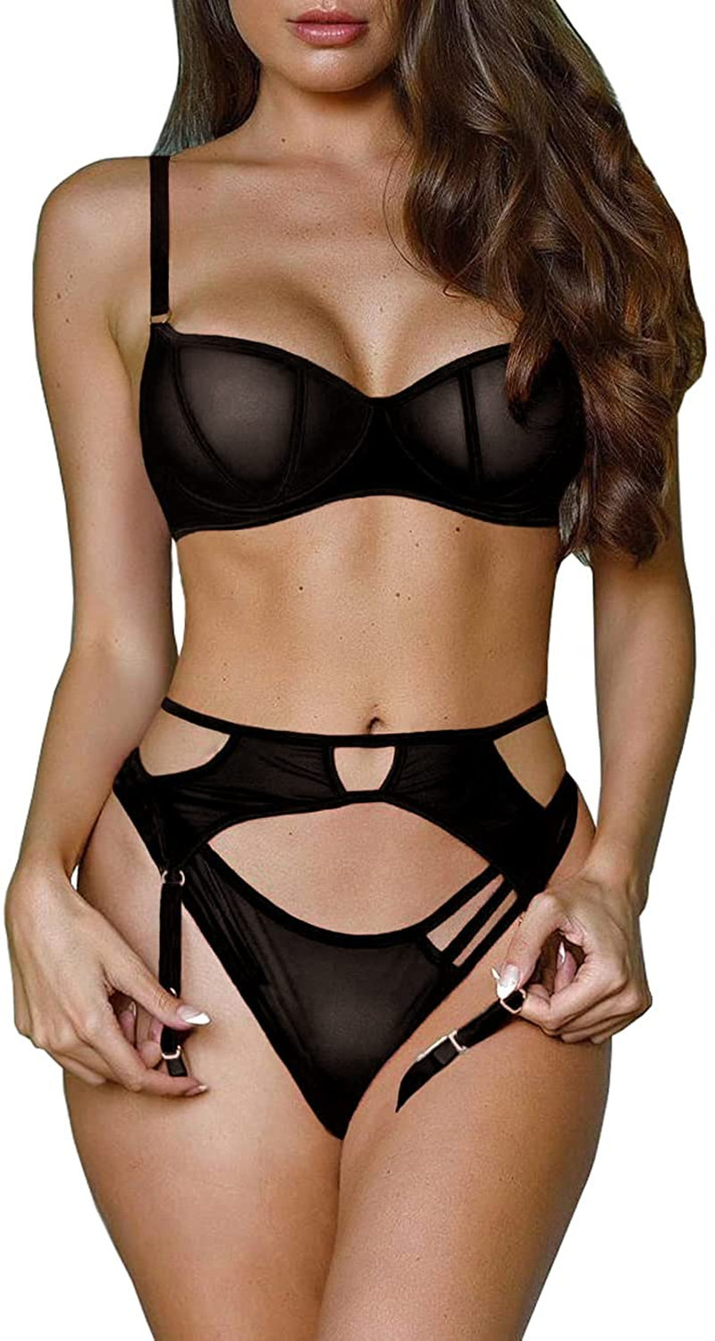 Kaei&Shi Sheer Mesh,Underwire,Cutout Thong,Garter Bet,3 Piece Lingerie Set Apparel & Accessories > Clothing > Underwear & Socks > Lingerie Kaei&Shi Black 14 
