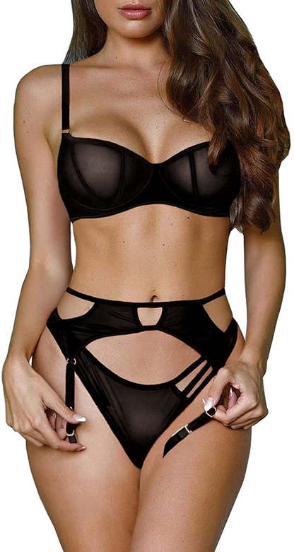 Kaei&Shi Sheer Mesh,Underwire,Cutout Thong,Garter Bet,3 Piece Lingerie Set Apparel & Accessories > Clothing > Underwear & Socks > Lingerie Kaei&Shi Black 14 
