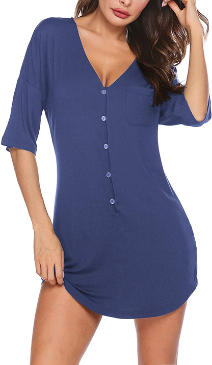 Ekouaer Nightgown Button down Nightshirt Short V Neck Night Shirts Womens Boyfriend Sexy Sleepwear S-XXL Apparel & Accessories > Clothing > Sleepwear & Loungewear > Nightgowns Kylie Max   