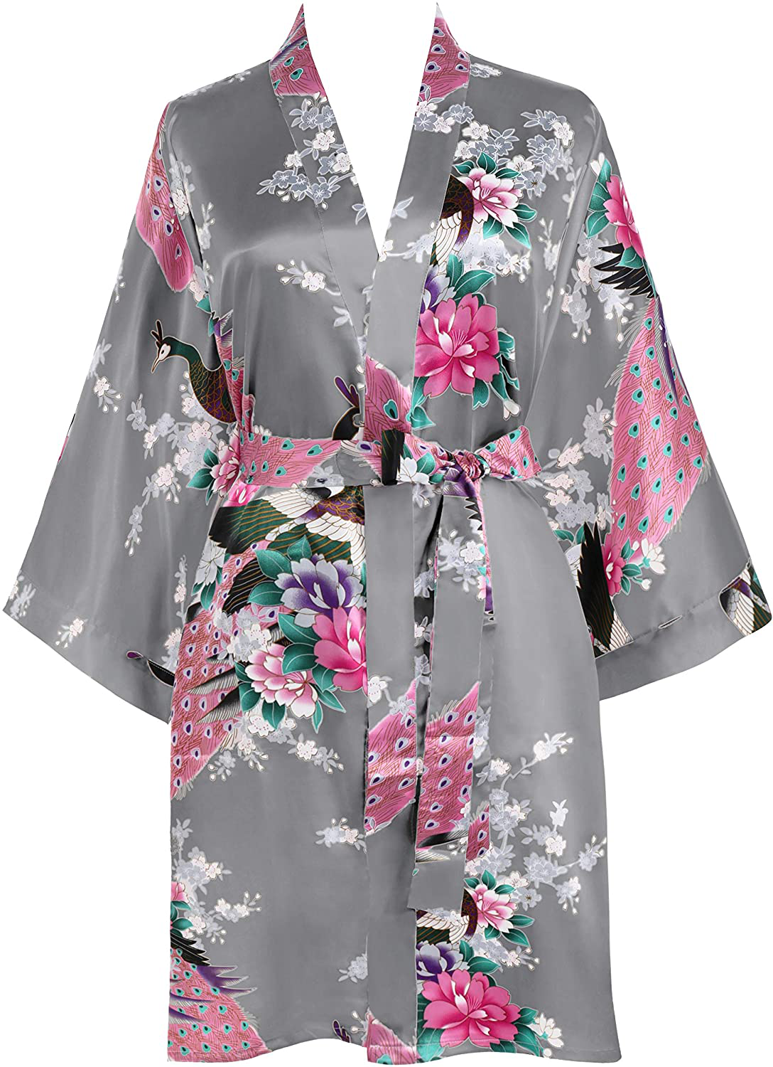 BABEYOND Short Kimono Robe Blouse Peacock Printed Kimono Cover up Loose Cardigen Apparel & Accessories > Clothing > Sleepwear & Loungewear > Robes KYLIE MAX Silver Grey  