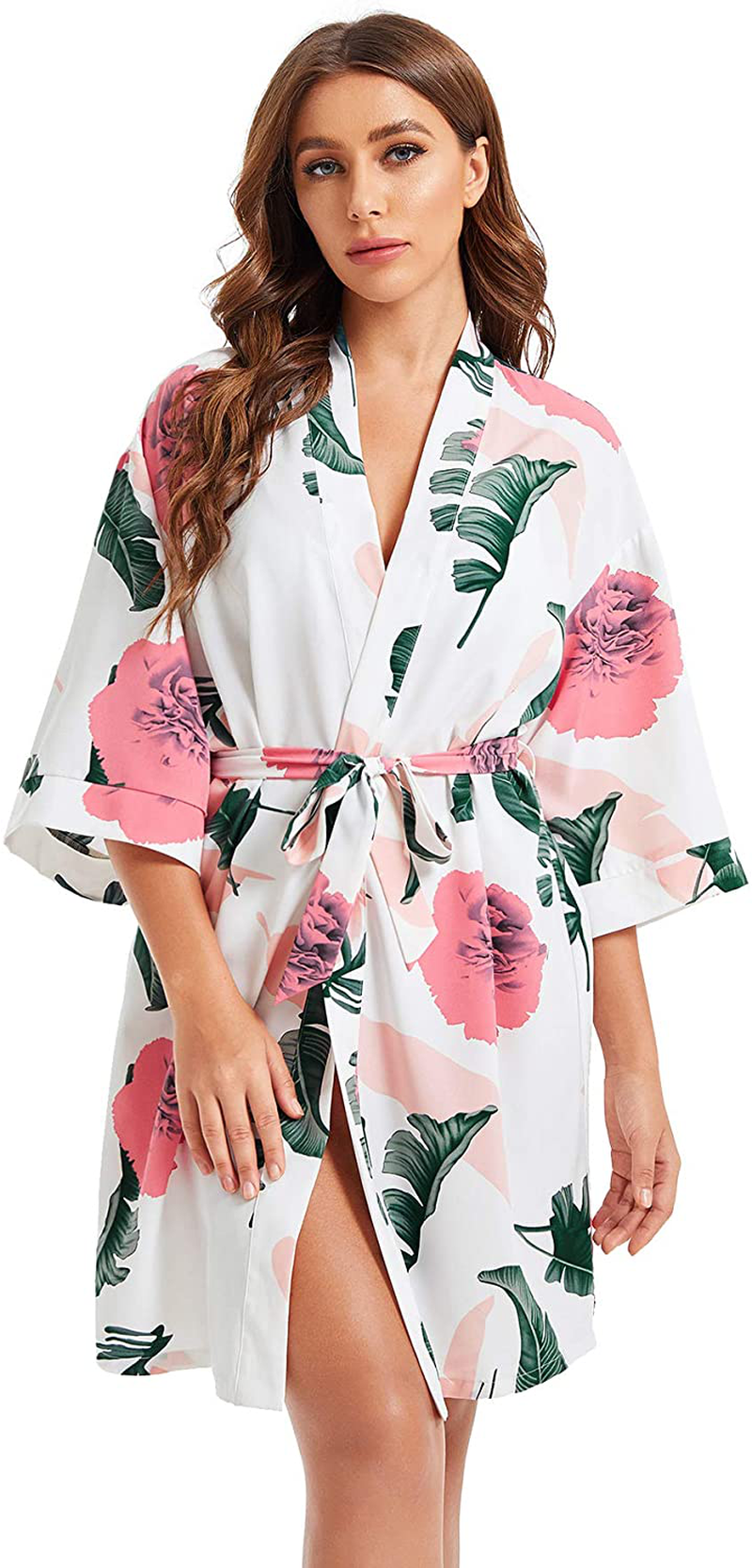 Floerns Women'S Bridesmaid Satin Kimono Oblique V Neck Bathrobe Robes Apparel & Accessories > Clothing > Sleepwear & Loungewear > Robes Floerns White Green X-Large 