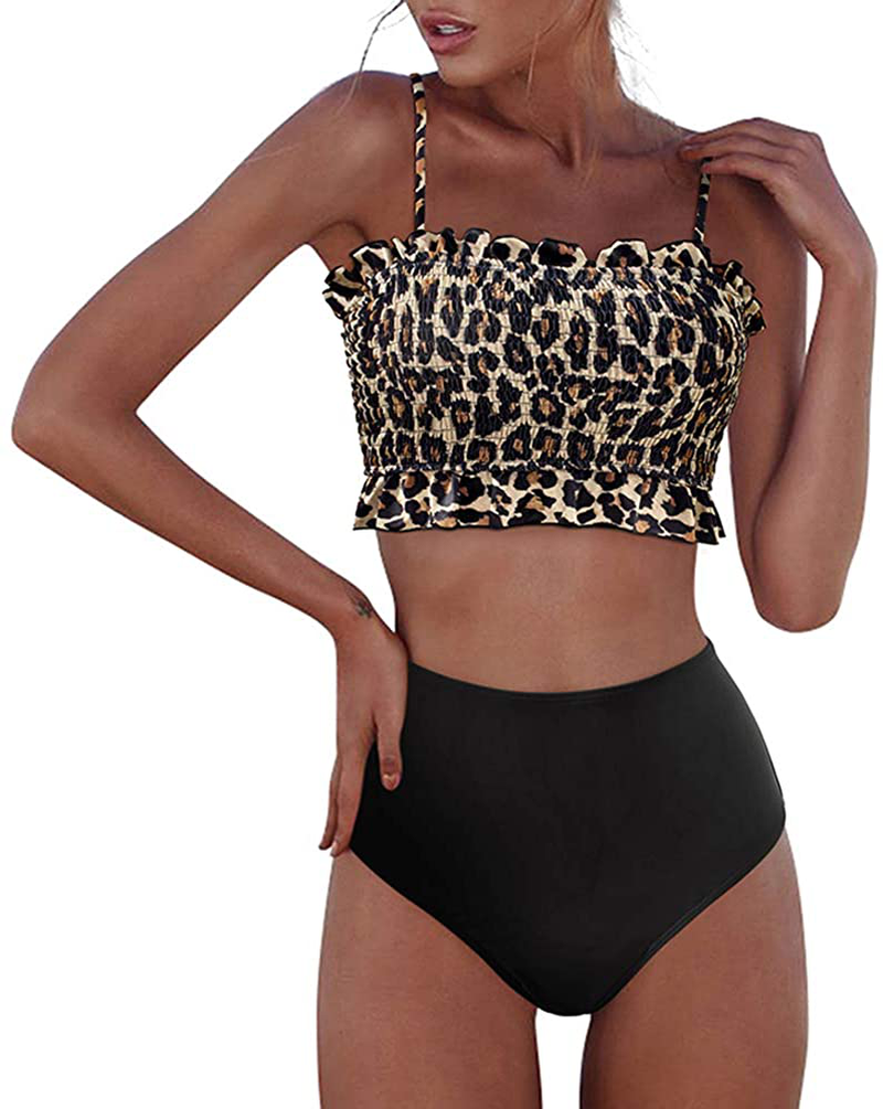RXRXCOCO Womens Shirred Bandeau Bikini Cute Two Piece Swimsuit Off Shoulder High Waist Bathing Suit Apparel & Accessories > Clothing > Swimwear RXRXCOCO Leopard-6 Medium 