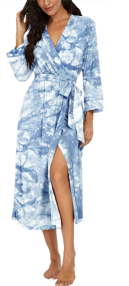 VINTATRE Women Kimono Robes Long Knit Bathrobe Lightweight Soft Knit Sleepwear V-Neck Casual Ladies Loungewear Apparel & Accessories > Clothing > Sleepwear & Loungewear > Robes VINTATRE Tie Dye Blue X-Large 