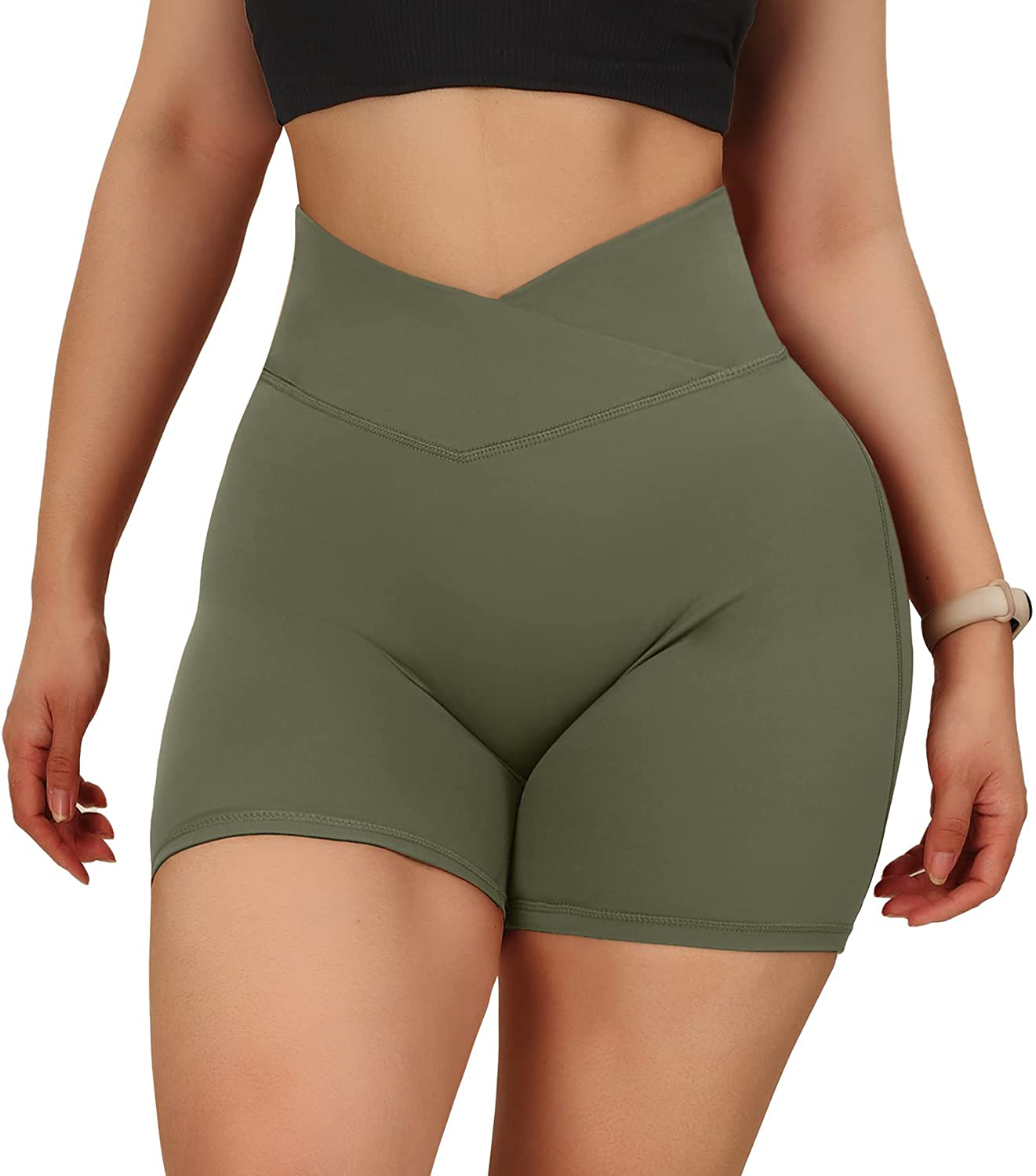 MOOSLOVER Women V Cross Waist Workout Shorts Butt Lifting High Waisted Biker Shorts Apparel & Accessories > Clothing > Shorts Kylie Max   