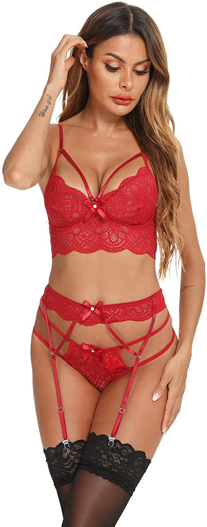 CHEENBOL Lace Lingerie Set for Women 3 Piece Bralette Lingerie Bodysuit with Garter Belt(No Stockings) Apparel & Accessories > Clothing > Underwear & Socks > Lingerie CHEENBOL   