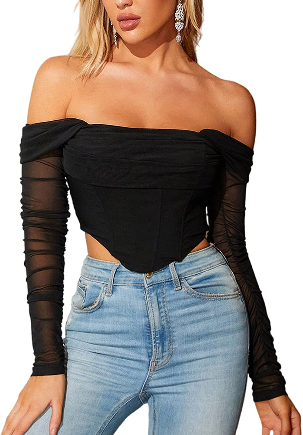 Mesh Sheer Long Sleeve Corset Crop Top Ruched off Shoulder Blouse Push up Party Boned Bustier for Cute Women Trendy Apparel & Accessories > Clothing > Underwear & Socks > Lingerie Parthea Black 4-6 