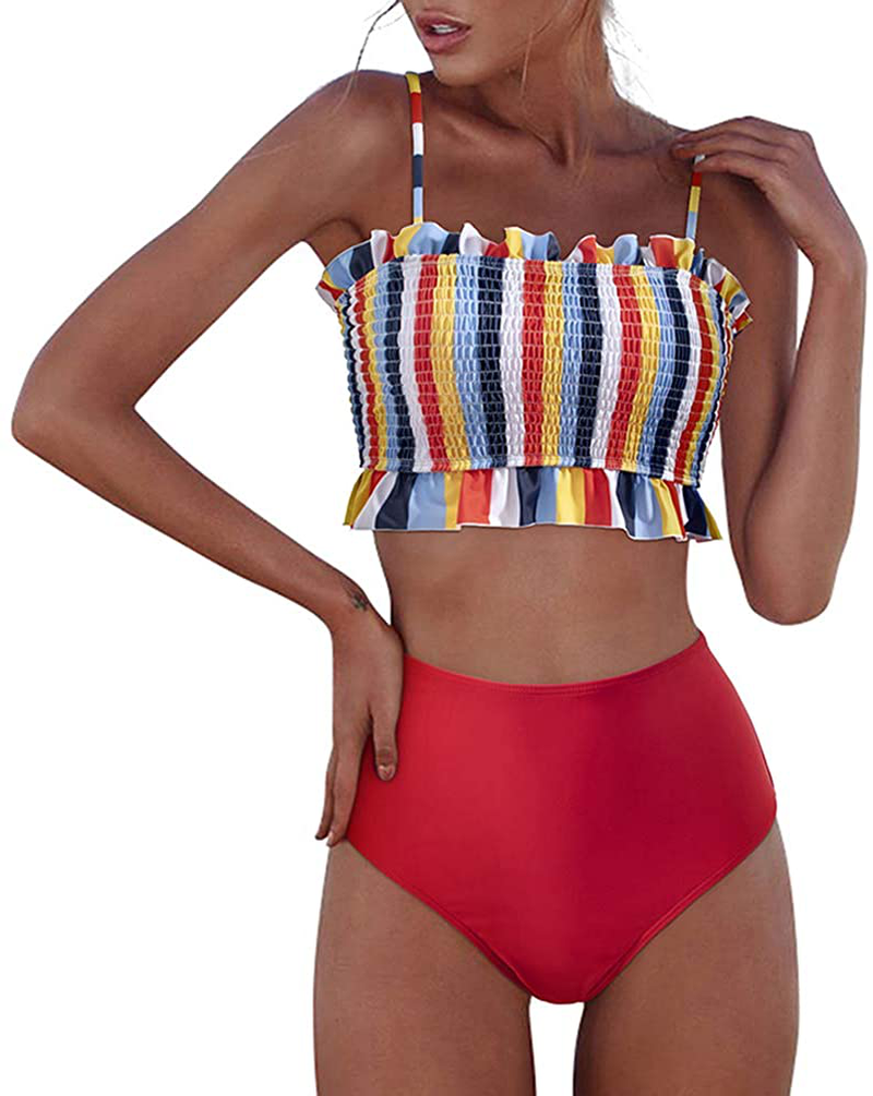 RXRXCOCO Womens Shirred Bandeau Bikini Cute Two Piece Swimsuit Off Shoulder High Waist Bathing Suit Apparel & Accessories > Clothing > Swimwear RXRXCOCO Red-5 Large 