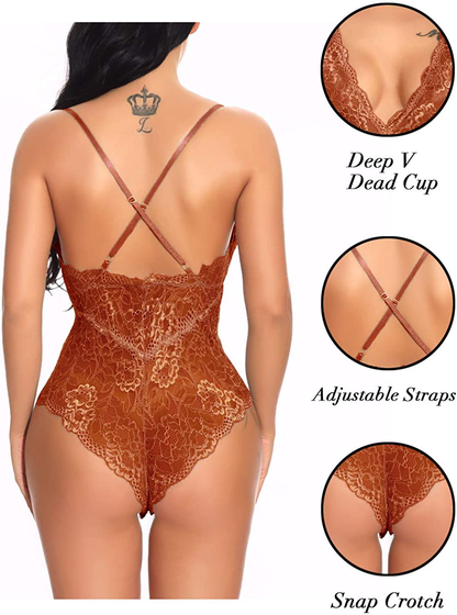 Kaei&Shi V-Neck See Through Lingerie Floral Lace Babydoll Sexy Lingerie for Women One Piece Bodysuit Apparel & Accessories > Clothing > Underwear & Socks > Lingerie Kaei&Shi   