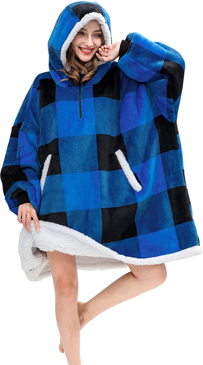 HBlife Oversized Long Wearable Blanket Hoodie for Adult, Thick Sherpa Sweatshirt with Elastic Sleeves and Giant Pockets Super Warm and Cozy Fuzzy Plush Fleece Blanket Jacket, Blue Arts & Entertainment > Party & Celebration > Gift Giving HBlife Plaid Blue Adult-Short 