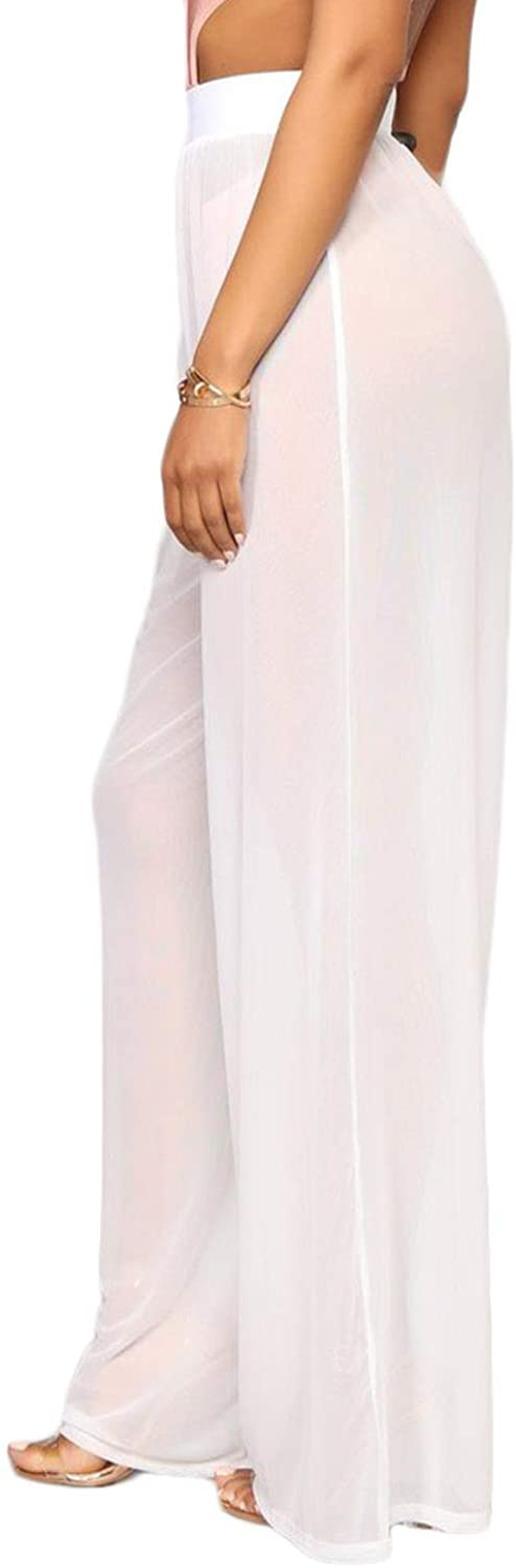 Awoscut Women See through Sheer Mesh Pants Beach Swimsuit Bikini Bottom Cover up Party Club Elastic High Waist Wide Leg Pants Apparel & Accessories > Clothing > Swimwear Kylie Max   