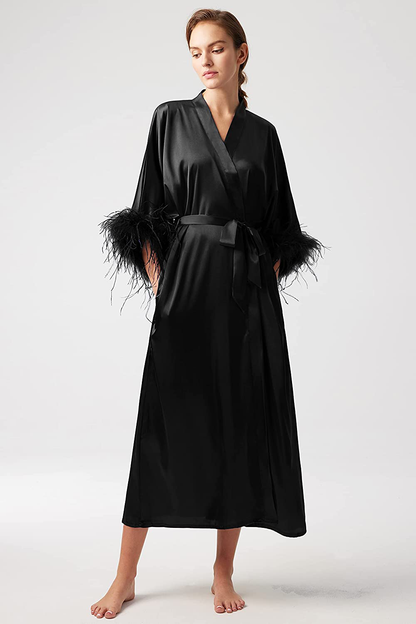 PRODESIGN Satin Kimono Robe Long Bath Robe with Ostrich Feather Trim Sleepwear Wedding Bridesmaid Robe Apparel & Accessories > Clothing > Sleepwear & Loungewear > Robes PRODESIGN   