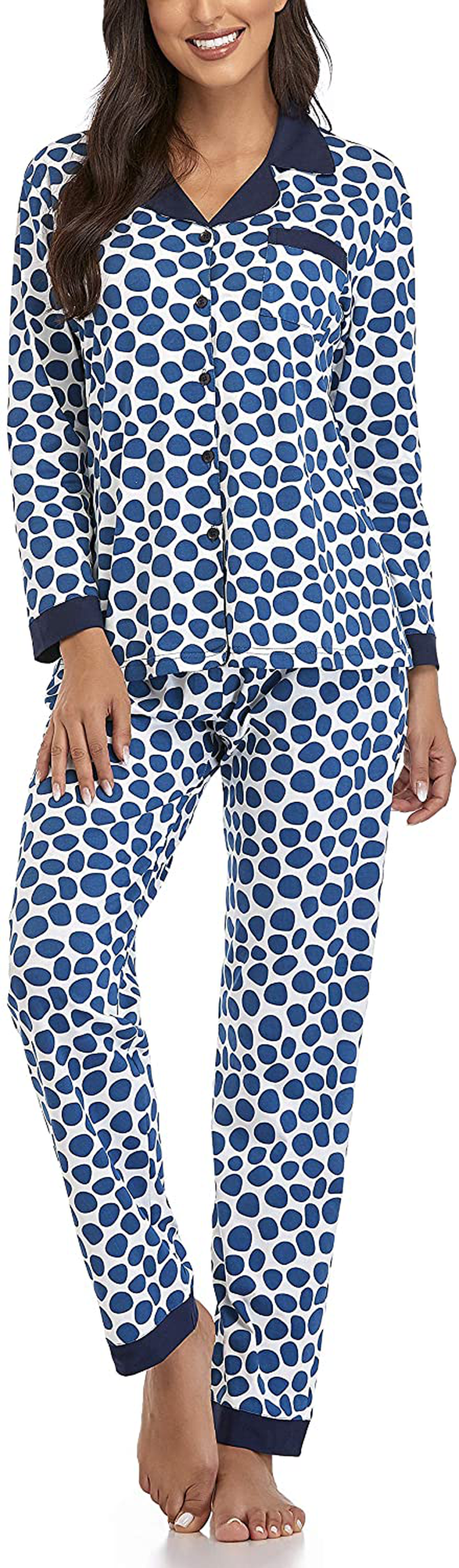 Women's Pajamas Set, Short Sleeve Sleepwear Button-Down Nightwear Soft Pj Lounge Sets Pajamas for Women Apparel & Accessories > Clothing > Sleepwear & Loungewear > Pajamas CULAYII Long-blue Dot Large 