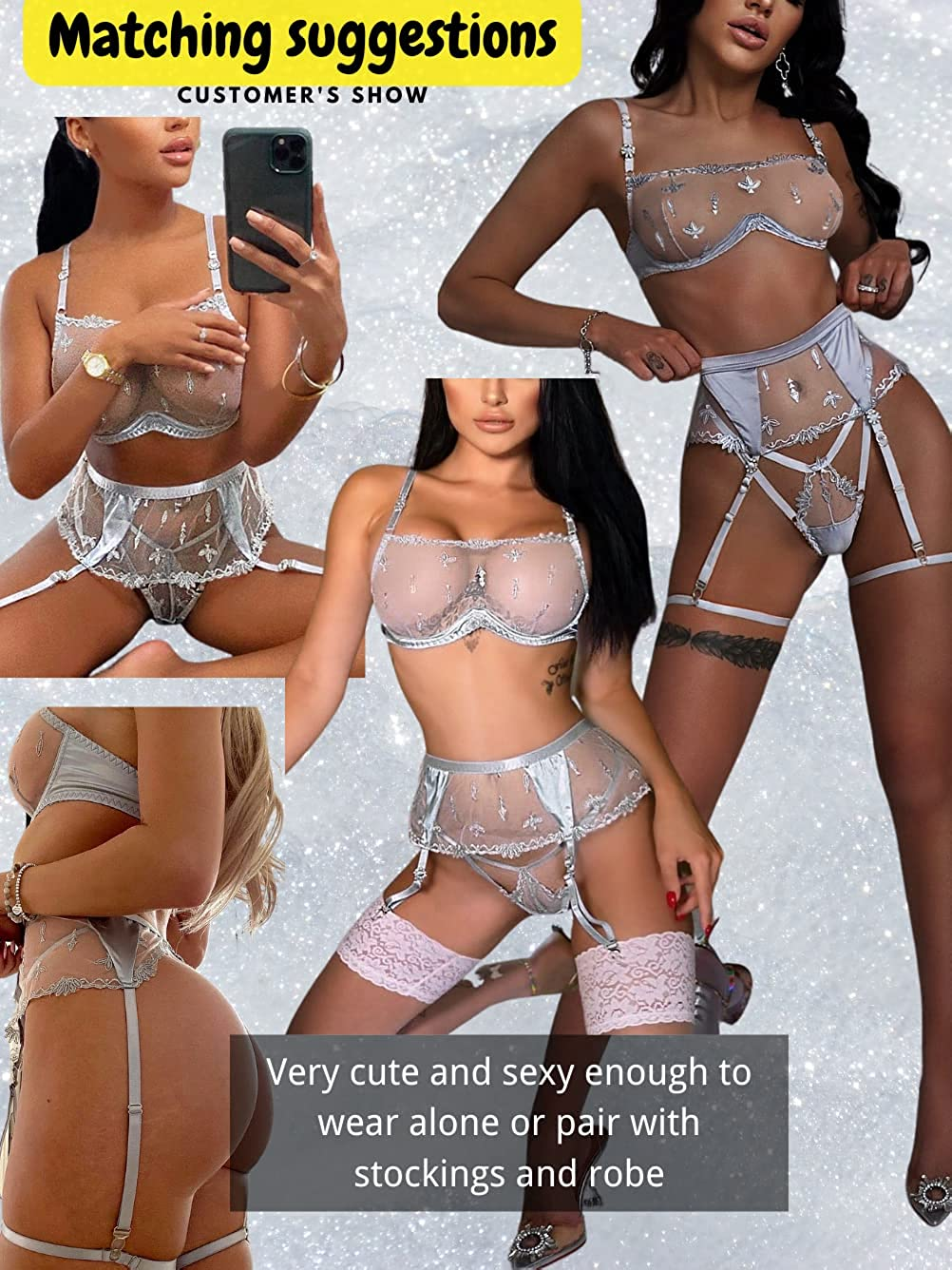 Kaei&Shi Satin Patchwork,Embroidered Underwire Tube Bra,G-String,4 Piece Garter Lingerie Apparel & Accessories > Clothing > Underwear & Socks > Lingerie Kaei&Shi   