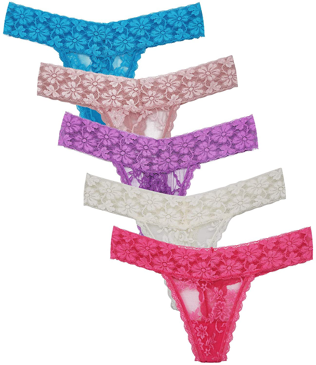 Women's Lace Thongs, T Back Low Waist See Through Panties Sexy Seamless V-Shape Design Lace Thongs for Women Apparel & Accessories > Clothing > Underwear & Socks > Underwear Delcroix Purple*1 Rose Red*1 Blue*1 Pink*1 Beige*1 X-Large 