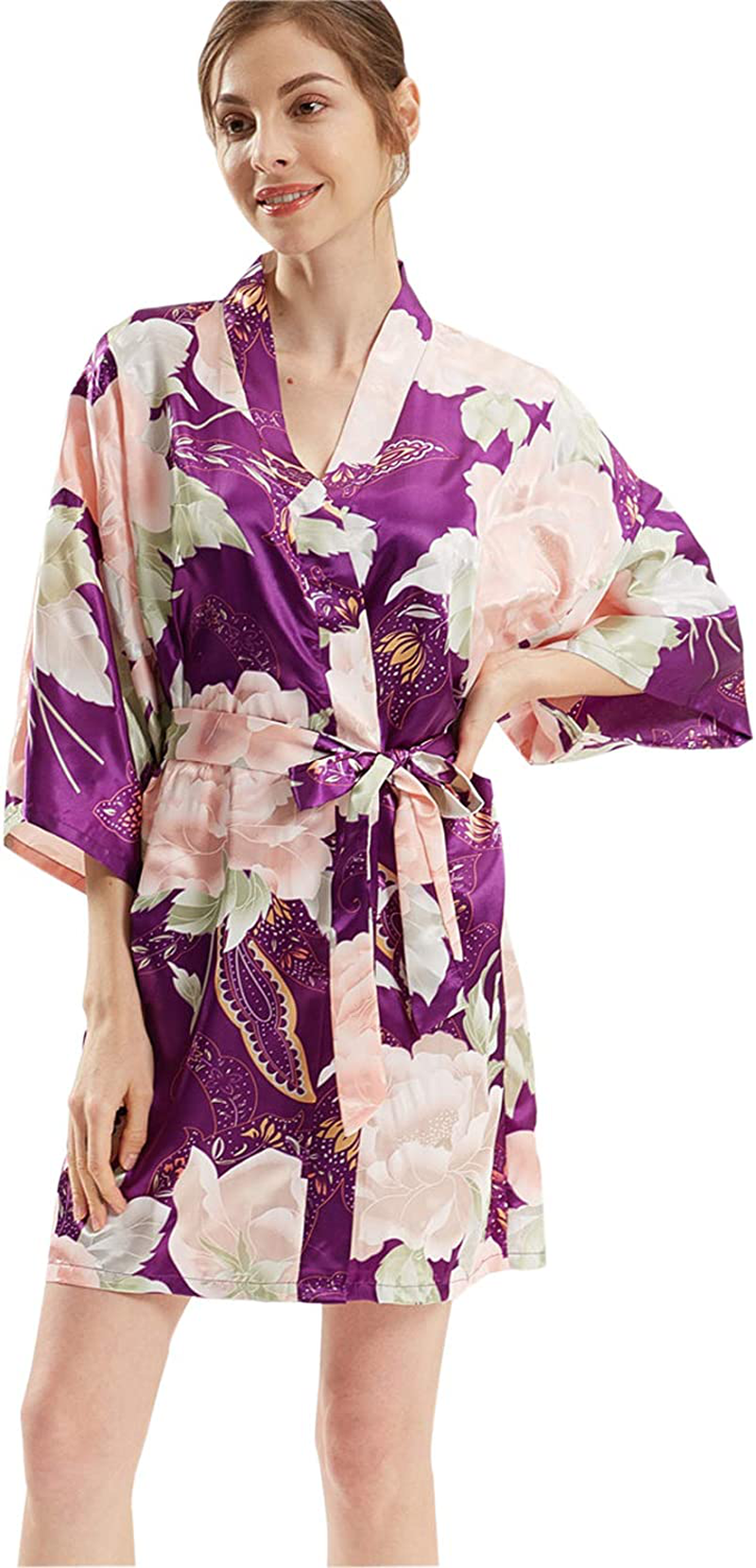 QXQTER Floral Satin Bridal Robe Silk Bridesmaid Robes Bridal Party Robe Dressing Gown Wedding Gifts Apparel & Accessories > Clothing > Sleepwear & Loungewear > Robes QXQTER Purple  