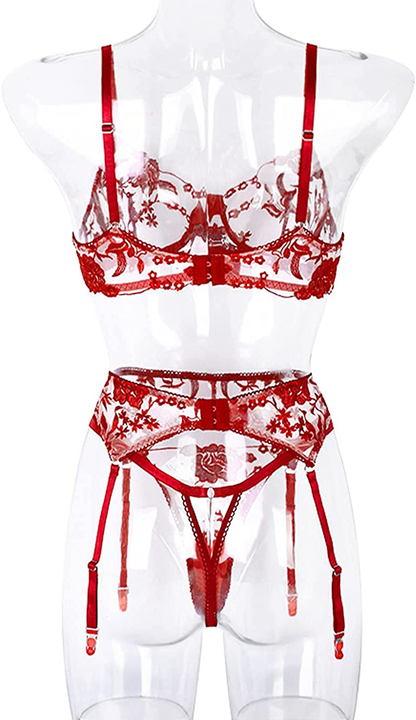 Kaei&Shi Garter Lingerie for Women,Embroidered Underwire Sexy Lingerie, High Waisted 3 Piece Lingerie Set Apparel & Accessories > Clothing > Underwear & Socks > Lingerie Kaei&Shi   