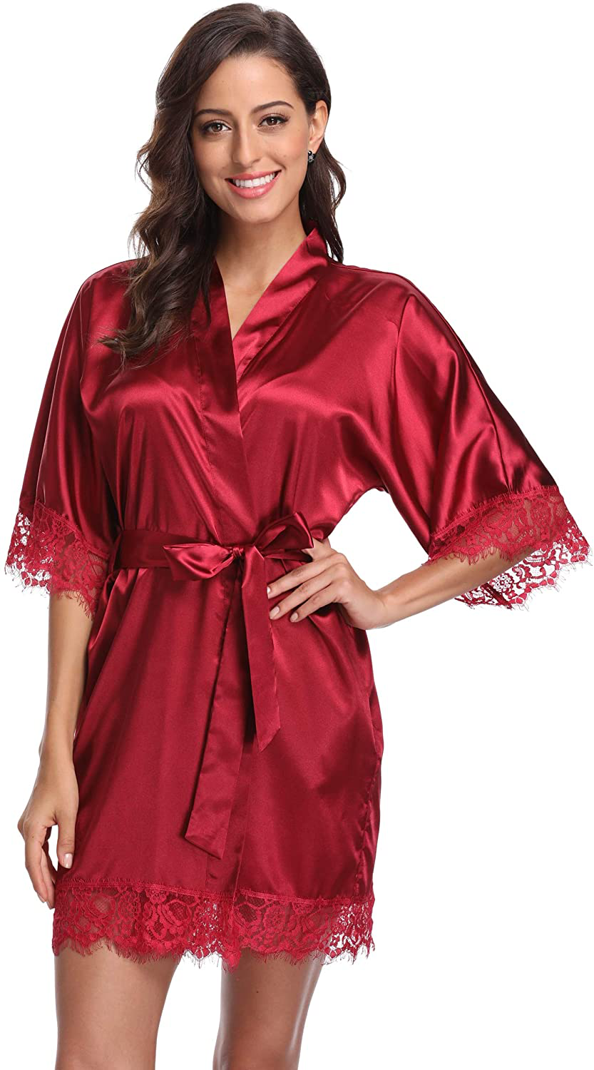 Original Kimono Women'S Lace-Trimmed Satin Short Kimono Robe Bathrobe Loungewear Apparel & Accessories > Clothing > Sleepwear & Loungewear > Robes Original Kimono Wine Red X-Large 