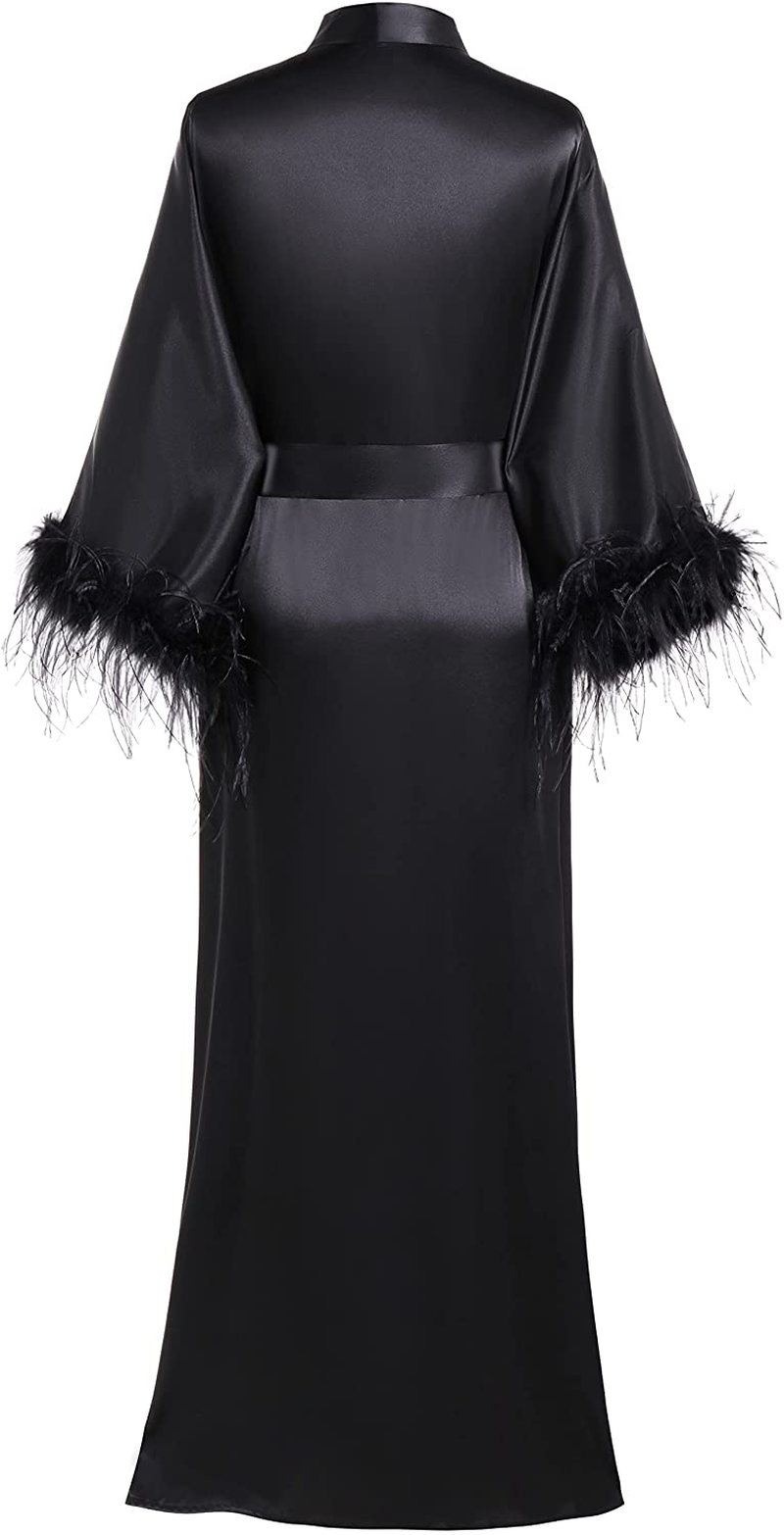 PRODESIGN Satin Kimono Robe Long Bath Robe with Ostrich Feather Trim Sleepwear Wedding Bridesmaid Robe Apparel & Accessories > Clothing > Sleepwear & Loungewear > Robes PRODESIGN   
