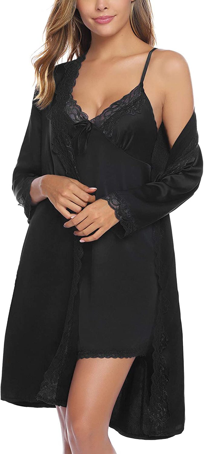 Sykooria Sexy Satin Robes for Women Lace Pajamas Set 2 Piece Sleepwear Ladies Lingerie Nightgown for Bride Party Apparel & Accessories > Clothing > Sleepwear & Loungewear > Robes Sykooria   