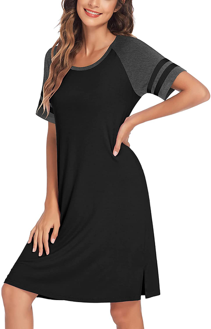 Hotouch Nightshirts Womens Nightgowns Raglan Striped Short Sleeve Sleepwear Comfy Sleepshirt S-XXL Apparel & Accessories > Clothing > Sleepwear & Loungewear > Nightgowns Kylie Max   