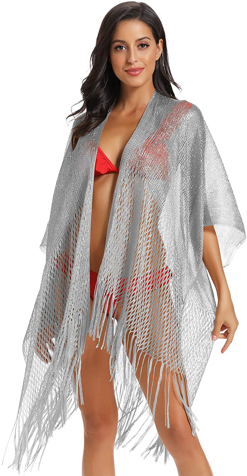 Metallic Sparkly Kimono Cardigan Swimsuit Beach Bikini Cover Ups Open Front Casual Blouse Tops Apparel & Accessories > Clothing > Swimwear Kylie Max   