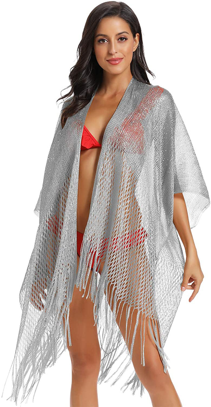 Metallic Sparkly Kimono Cardigan Swimsuit Beach Bikini Cover Ups Open Front Casual Blouse Tops Apparel & Accessories > Clothing > Swimwear Kylie Max   