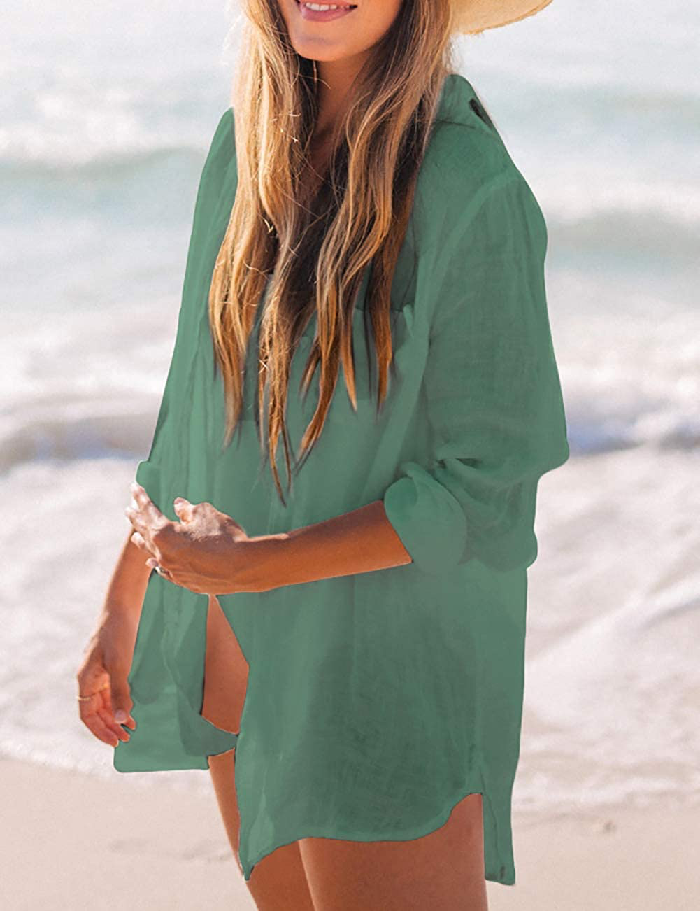 Bsubseach Women Long Sleeve Beach Shirt Blouses Turn down Collar Bathing Suit Cover Ups Apparel & Accessories > Clothing > Swimwear Kylie Max   