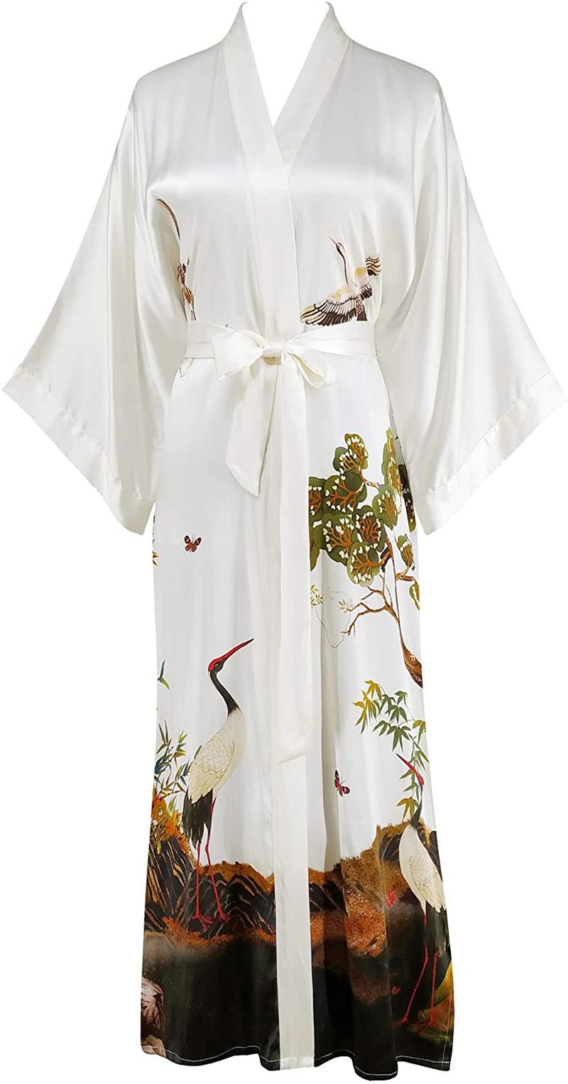 Ledamon Women'S 100% Silk Kimono Long Robe - Classic Colors and Prints Apparel & Accessories > Clothing > Sleepwear & Loungewear > Robes Ledamon Lvory  