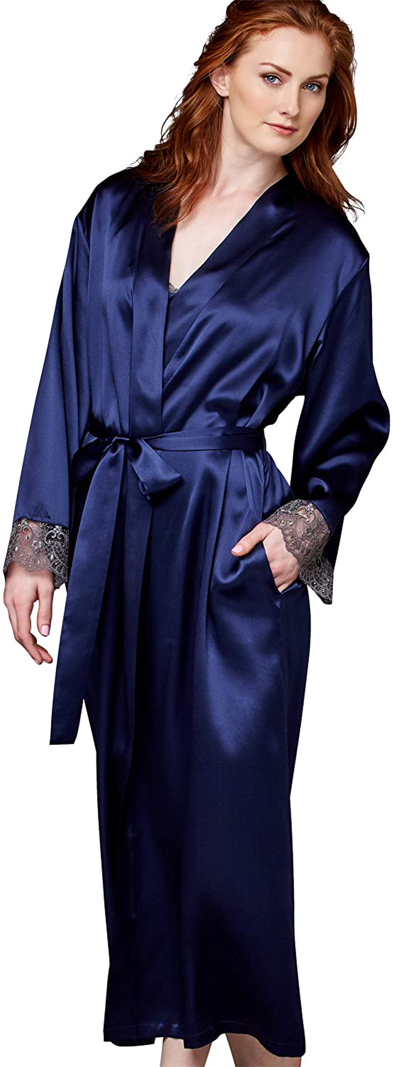 Julianna Rae Women'S Silk Robe, Full Length, Lace Trim, 2 Pocket, Le Soir Dream Apparel & Accessories > Clothing > Sleepwear & Loungewear > Robes Julianna Rae Indigo X-Small 