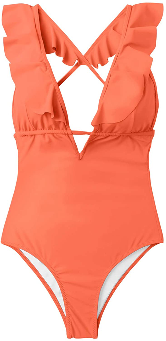 CUPSHE Women'S One Piece Swimsuit Ruffle Deep V Neck Strappy Swimwear Bathing Suits Apparel & Accessories > Clothing > Swimwear Kylie Max   