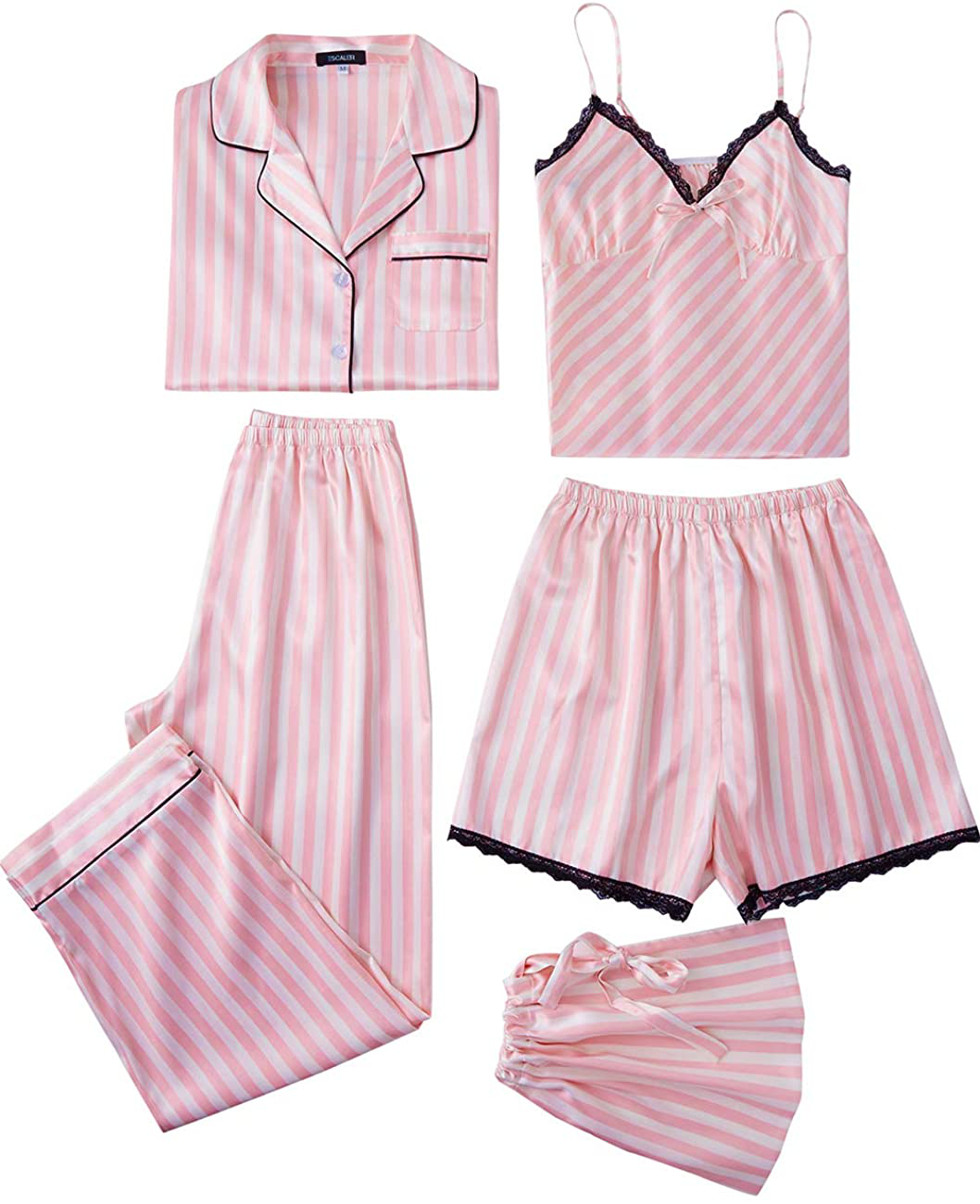 Escalier Womens 5Pcs Silk Satin Pajama Set Cami Pjs Sleepwear Button down Pj Sets Loungewear Apparel & Accessories > Clothing > Sleepwear & Loungewear Kylie Max   
